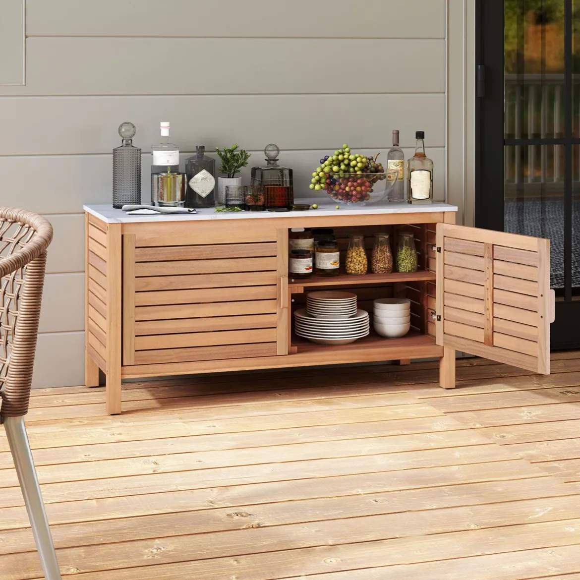 Terrassenschrank aus Holz 2-türiger Aufbewahrungsschrank mit Kunstmarmorplatte Regal Natur