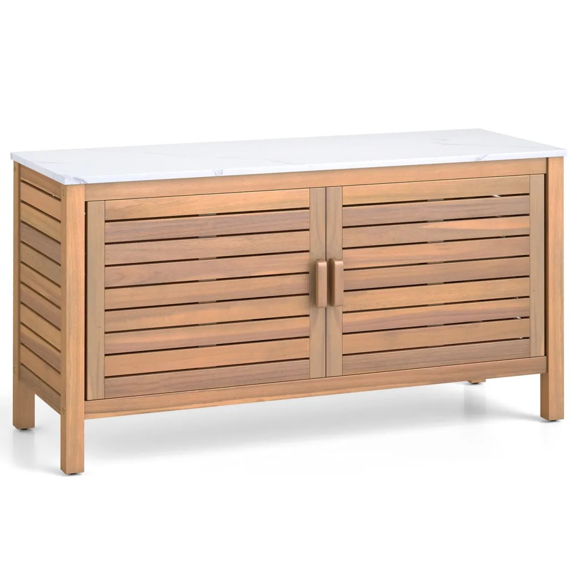 Terrassenschrank aus Holz 2-türiger Aufbewahrungsschrank mit Kunstmarmorplatte Regal Natur