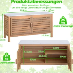 Terrassenschrank aus Holz 2-türiger Aufbewahrungsschrank mit Kunstmarmorplatte Regal Natur
