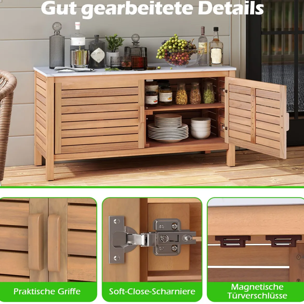 Terrassenschrank aus Holz 2-türiger Aufbewahrungsschrank mit Kunstmarmorplatte Regal Natur