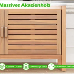 Terrassenschrank aus Holz 2-türiger Aufbewahrungsschrank mit Kunstmarmorplatte Regal Natur