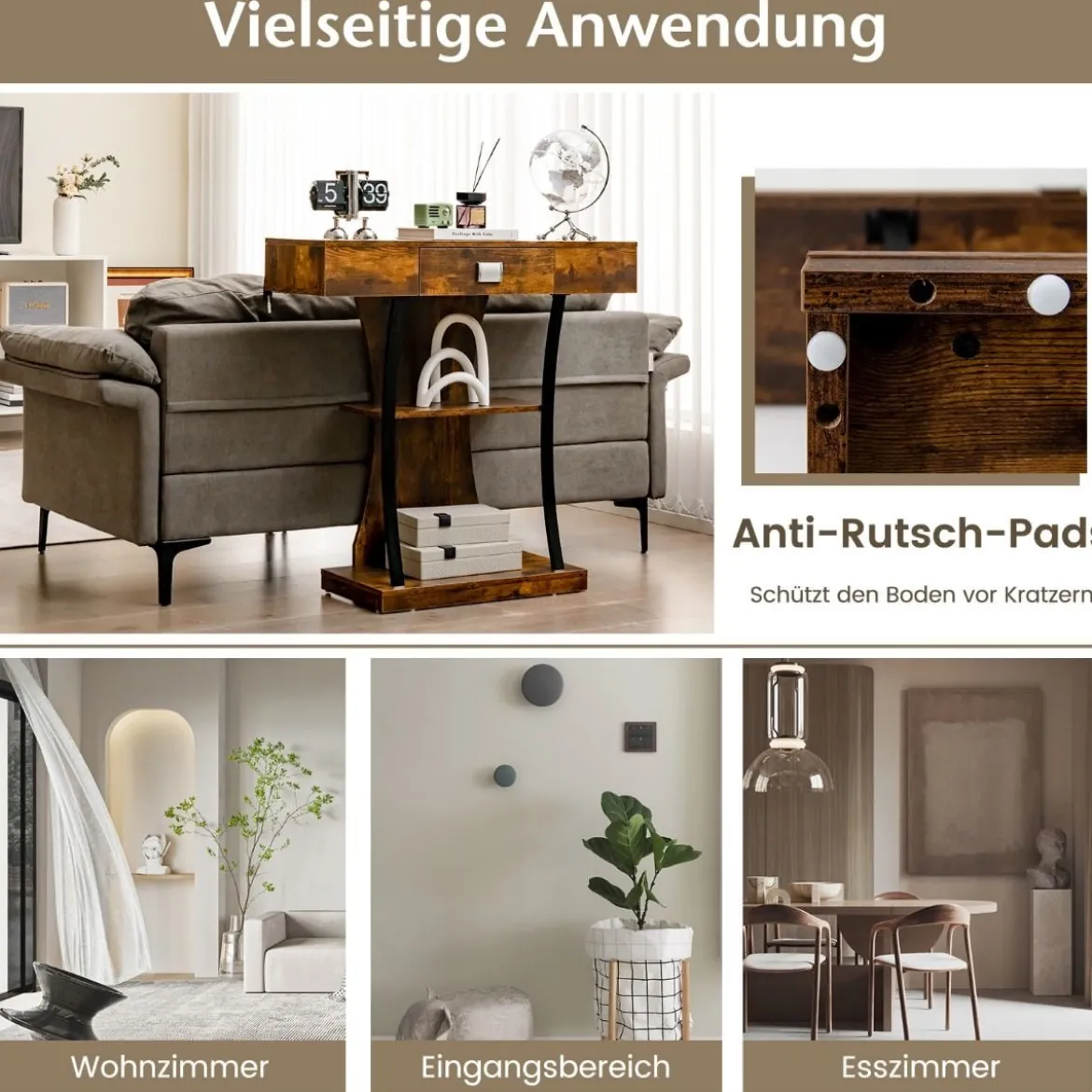 T-Förmiger Konsolentisch für kleine Räume 91 x 30 x 88 cm Rustikales Braun