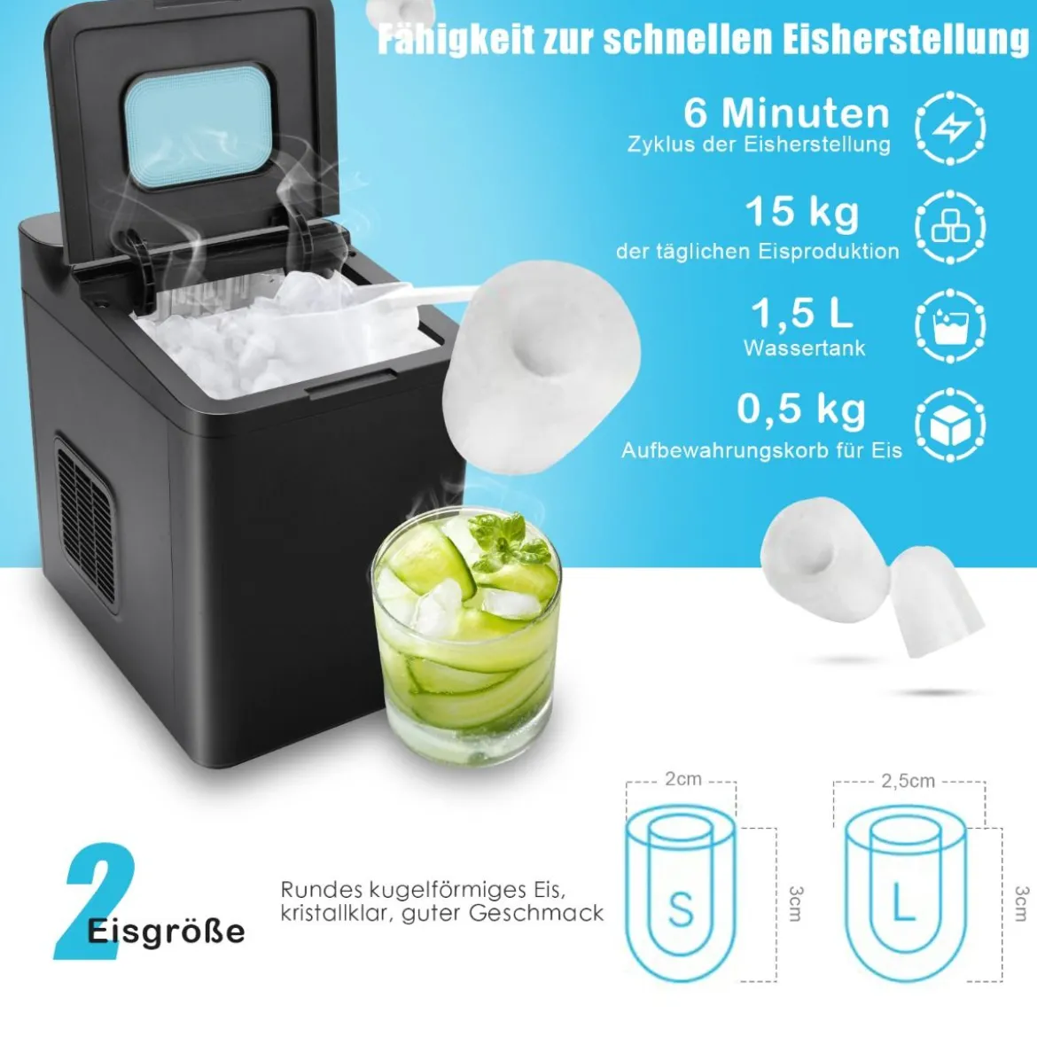 Theken-Eismaschine Eiswürfelmaschine Tisch Eiswürfelzubereiter 22,5 x 32 x 32,5 cm Schwarz