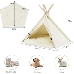 Tipi für Haustiere Zelt mit dickem und rutschfestem Kissen tragbares Haustierhaus Hundezelt Katzenzelt Beige