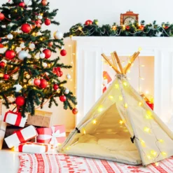 Tipi für Haustiere Zelt mit dickem und rutschfestem Kissen tragbares Haustierhaus Hundezelt Katzenzelt Beige