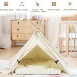 Tipi für Haustiere Zelt mit dickem und rutschfestem Kissen tragbares Haustierhaus Hundezelt Katzenzelt Beige