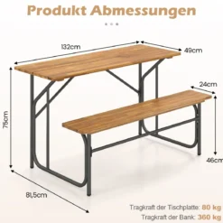 Tisch-Bank-Set für 2 Personen Picknicktisch & Loveseat mit Akazienholzplatte & Metallbeinen Natur