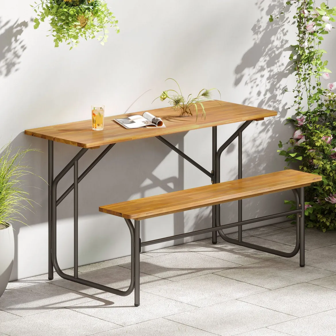 Tisch-Bank-Set für 2 Personen Picknicktisch & Loveseat mit Akazienholzplatte & Metallbeinen Natur
