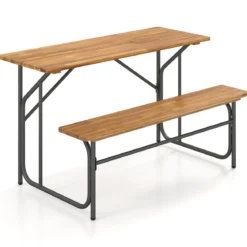 Tisch-Bank-Set für 2 Personen Picknicktisch & Loveseat mit Akazienholzplatte & Metallbeinen Natur