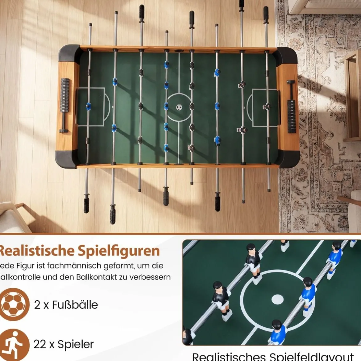Tischfußball mit 22 Spielern & 2 Bällen & Schiebepunktezählern Fußballspieltisch Natur