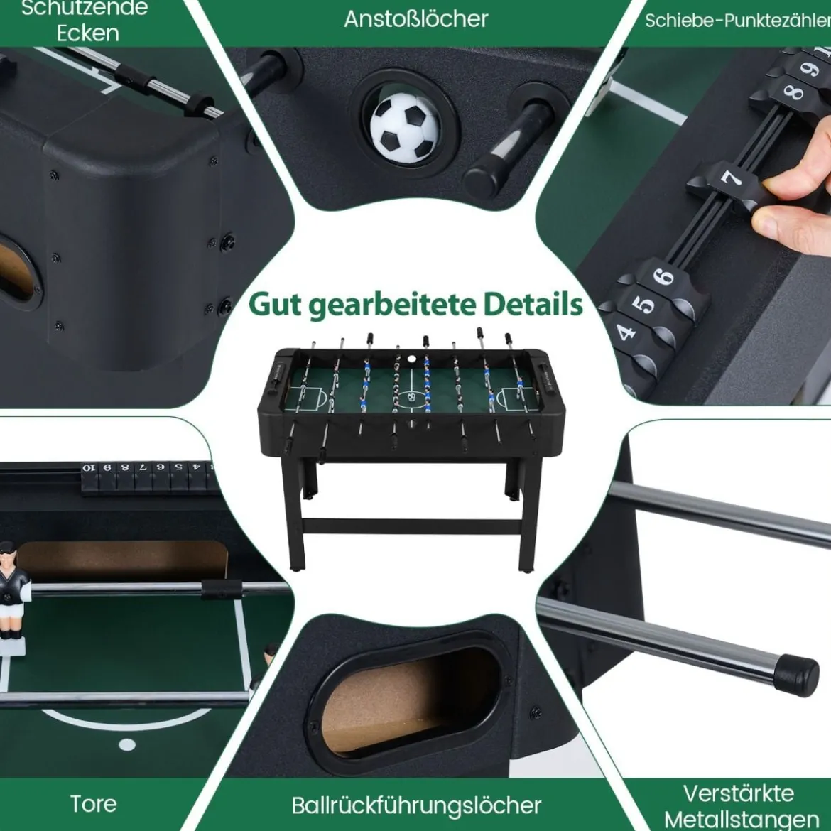 Tischfußball mit 22 Spielern & 2 Bällen & Schiebepunktezählern Fußballspieltisch Schwarz