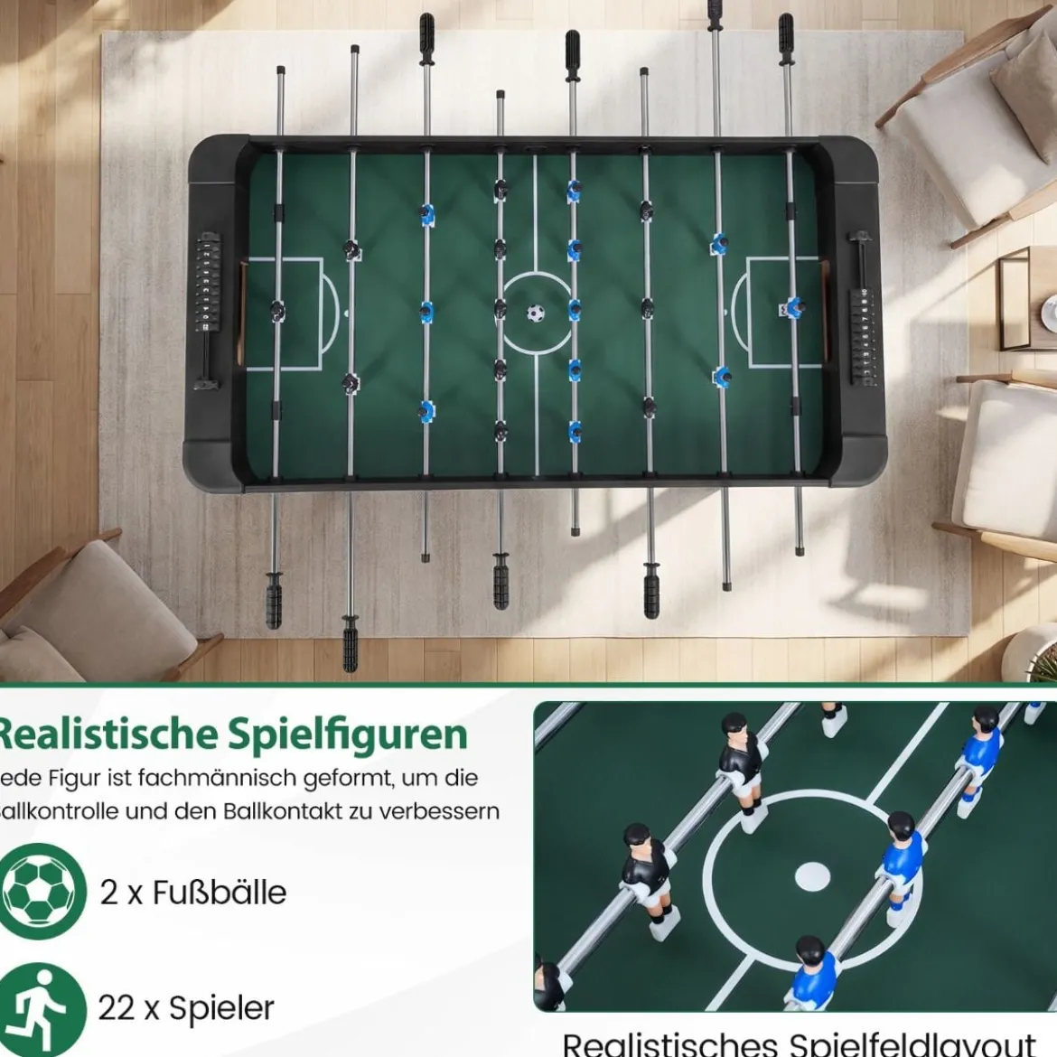 Tischfußball mit 22 Spielern & 2 Bällen & Schiebepunktezählern Fußballspieltisch Schwarz