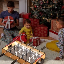 Tischkicker inkl. 2 Fußbälle & LED-Licht Kickertisch aus Holz Tischfußball Mini Fußball Spieltisch