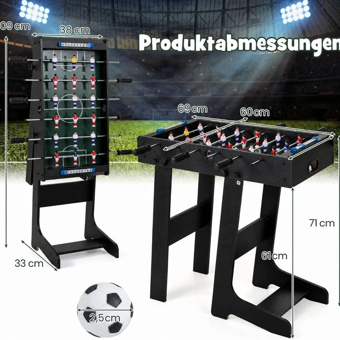 Tischkicker Platzsparender Fußballtisch mit Robustem Griff 33 x 36 x 109 cm Schwarz