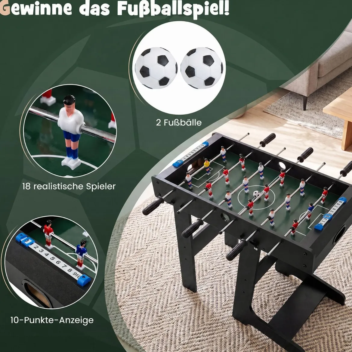 Tischkicker Platzsparender Fußballtisch mit Robustem Griff 33 x 36 x 109 cm Schwarz