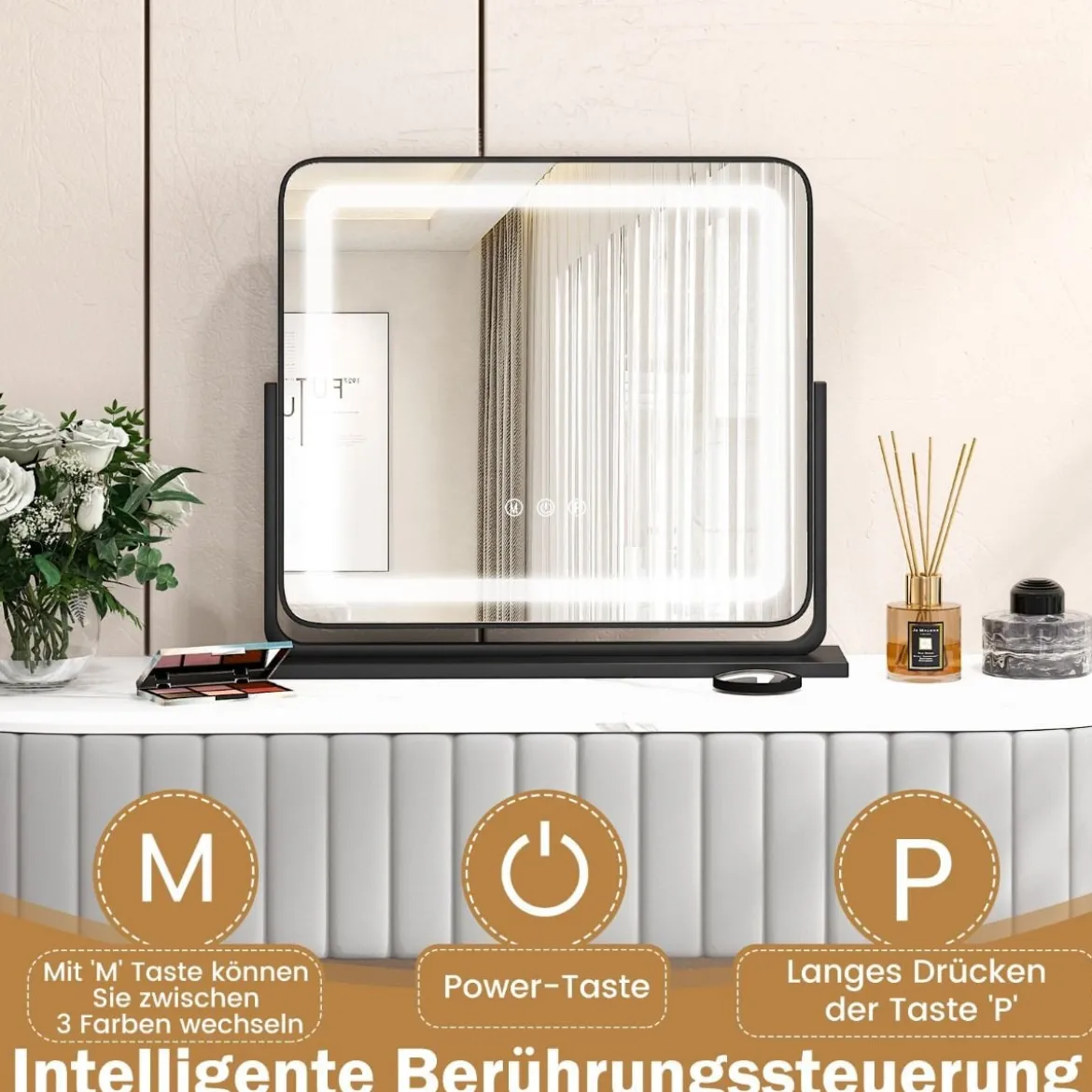 Tisch-LED-Beleuchteter Spiegel Schminkspiegel mit Lichtern 56 x 12 x 48 cm Schwarz