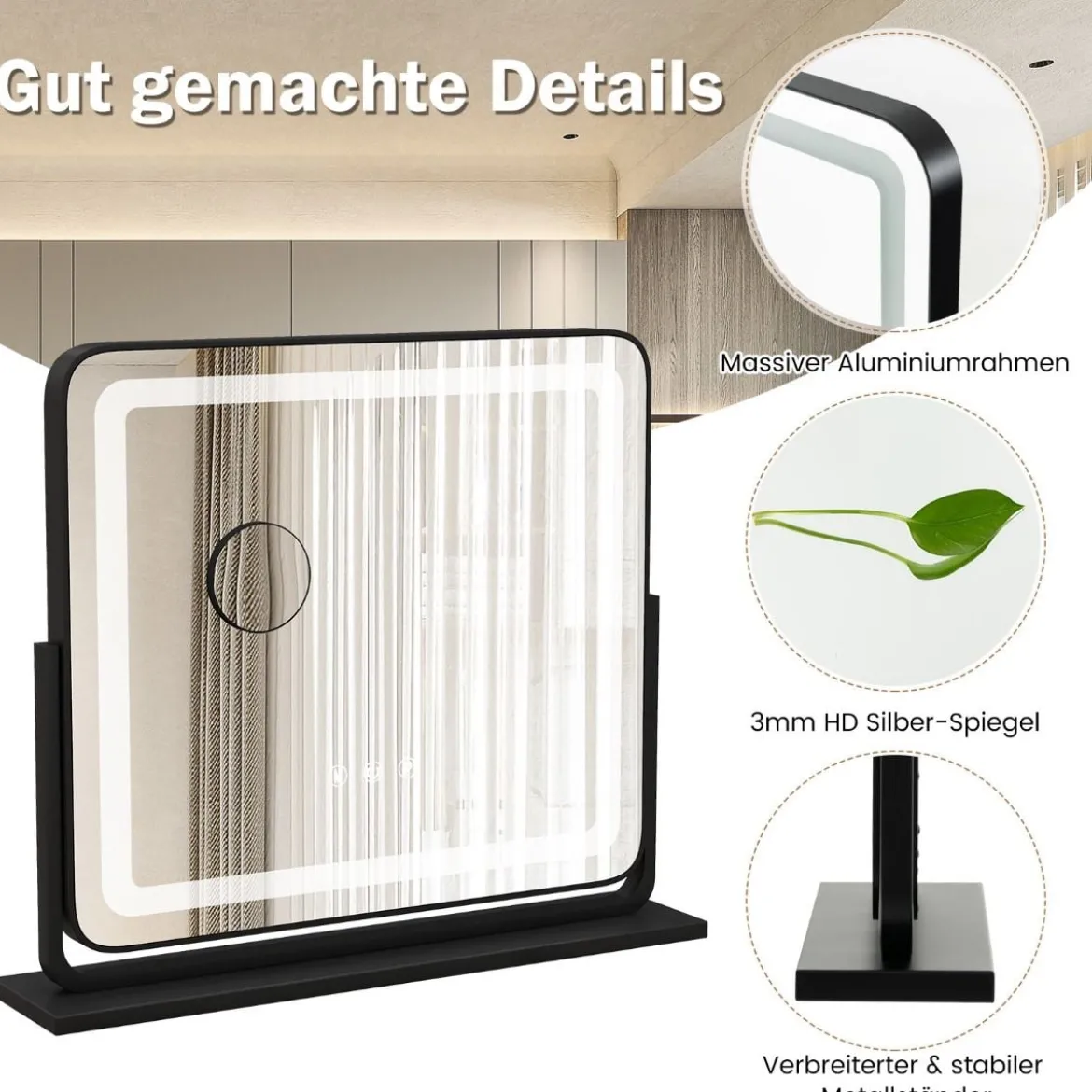Tisch-LED-Beleuchteter Spiegel Schminkspiegel mit Lichtern 56 x 12 x 48 cm Schwarz