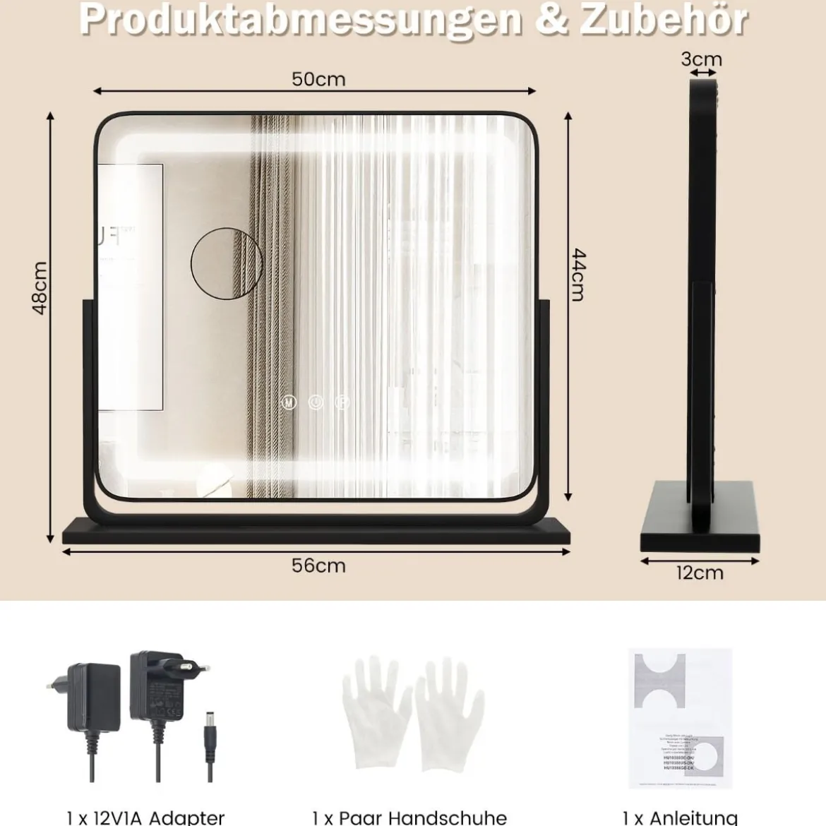 Tisch-LED-Beleuchteter Spiegel Schminkspiegel mit Lichtern 56 x 12 x 48 cm Schwarz