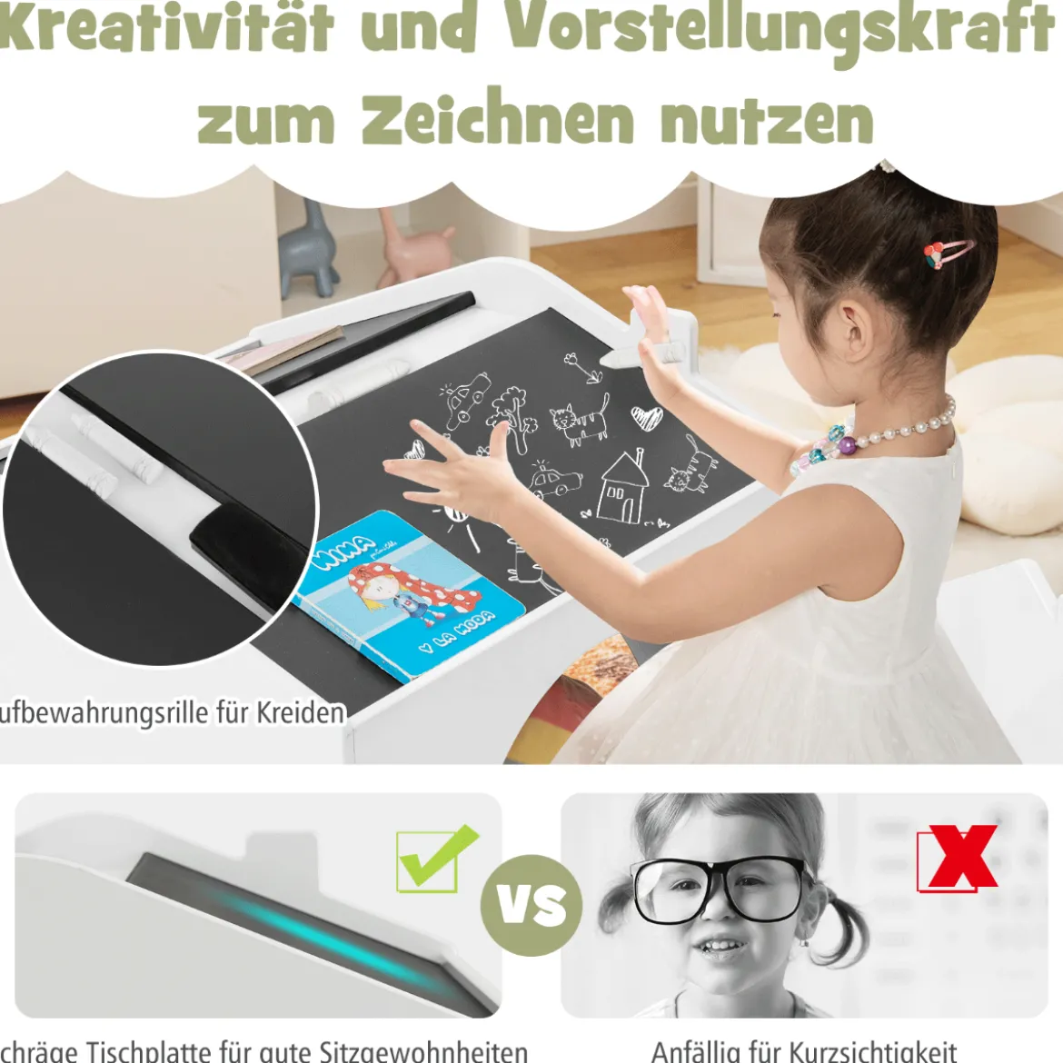 Tisch- & Stuhl-Set für Kinder Zeichentisch & 2 Stühle Weiß