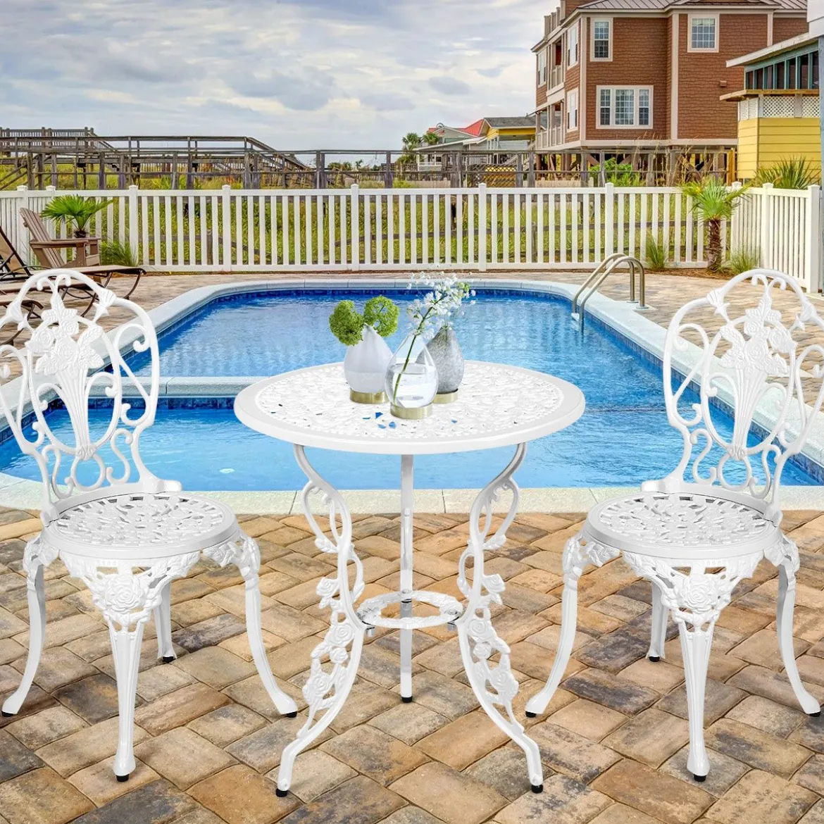 3tlg. Antik Bistroset Garten Sitzgruppe Balkonset mit 2 Stühle Alu Weiß