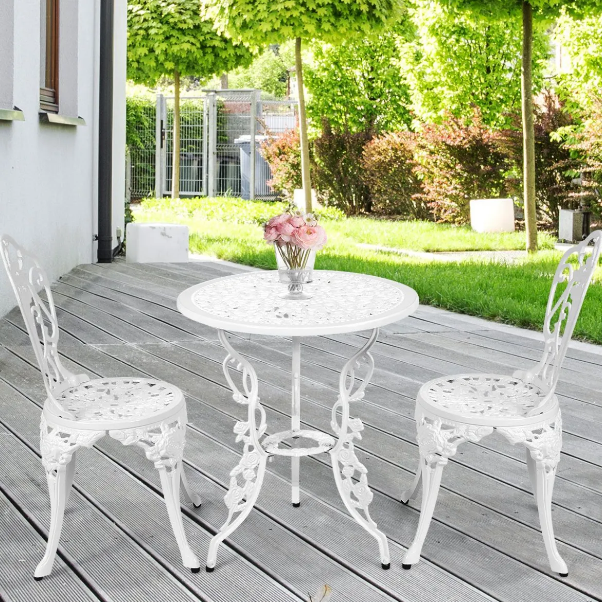 3tlg. Antik Bistroset Garten Sitzgruppe Balkonset mit 2 Stühle Alu Weiß