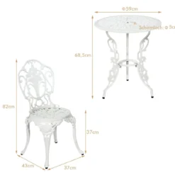 3tlg. Antik Bistroset Garten Sitzgruppe Balkonset mit 2 Stühle Alu Weiß