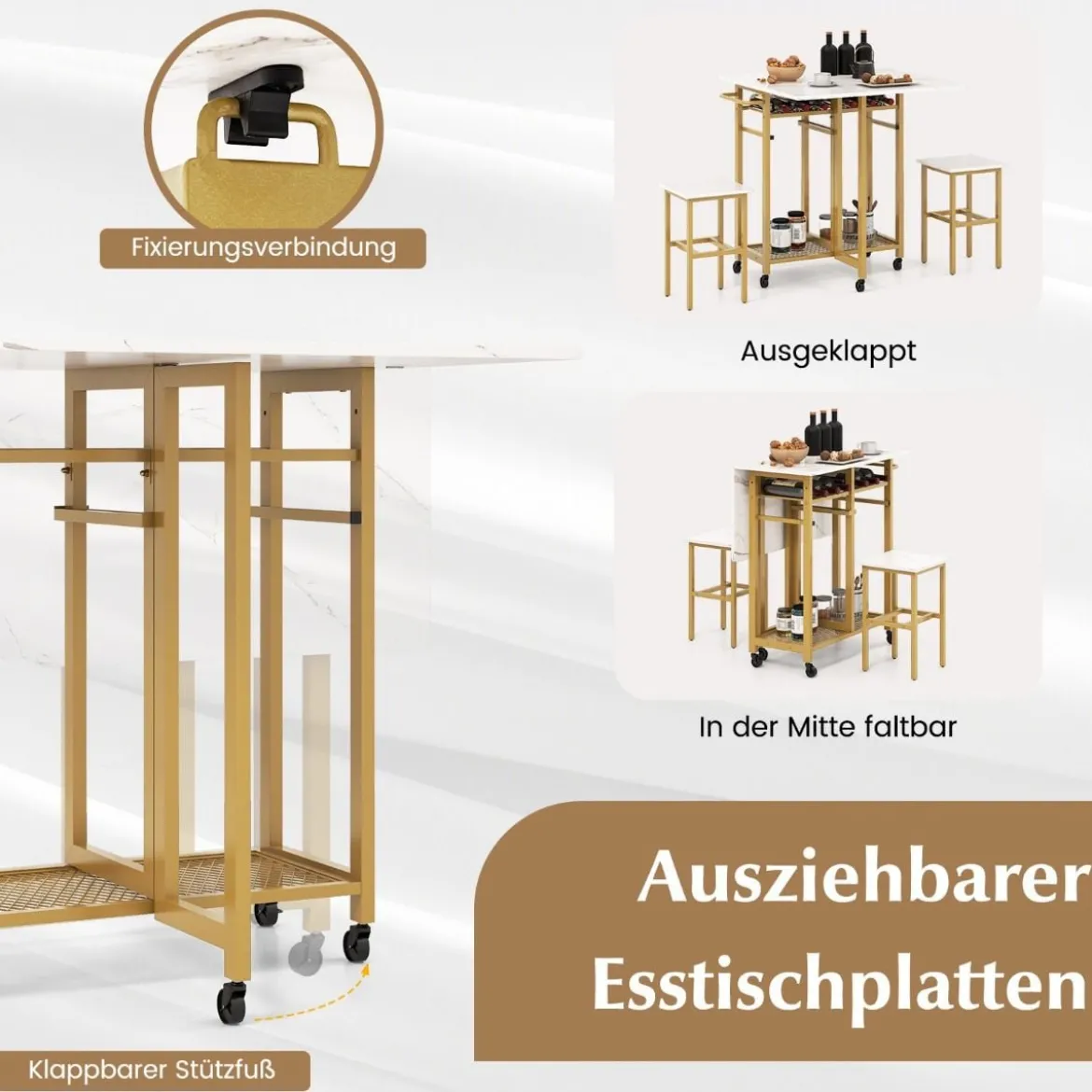 3 tlg. Ausziehbares Esstisch-SetKlappbarer Küchentisch auf Rollen mit 2 Stühlen & Weinregal