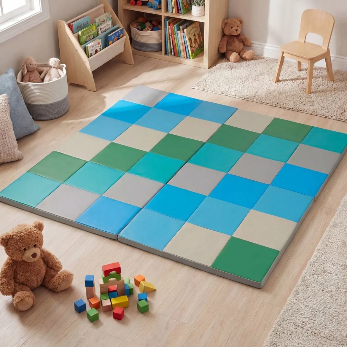 2 tlg. Baby Faltbare Krabblematte mit Kletterverschluss & Kunstleder Bodenmatte & Schaumstoff Blau