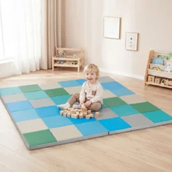 2 tlg. Baby Faltbare Krabblematte mit Kletterverschluss & Kunstleder Bodenmatte & Schaumstoff Blau