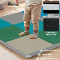 2 tlg. Baby Faltbare Krabblematte mit Kletterverschluss & Kunstleder Bodenmatte & Schaumstoff Blau