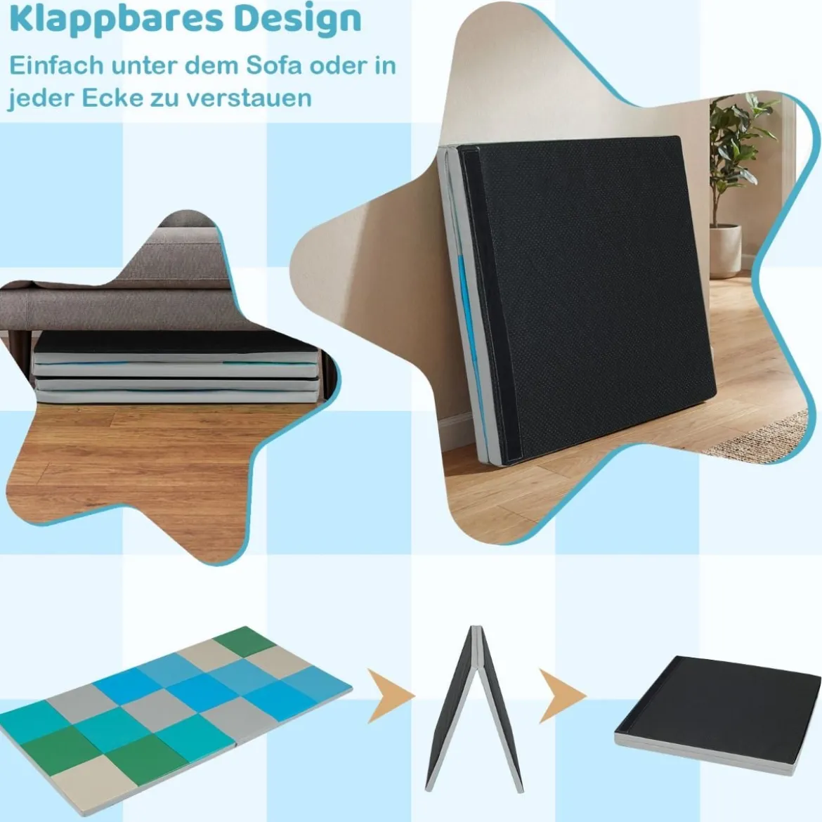 2 tlg. Baby Faltbare Krabblematte mit Kletterverschluss & Kunstleder Bodenmatte & Schaumstoff Blau