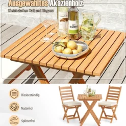 3tlg. Balkonmöbel Set Bistrotisch mit 2 Stühlen klappbares Balkonset aus Akazienholz mit 2 Kissen Cremeweiß (Horizontal)