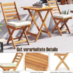 3tlg. Balkonmöbel Set Bistrotisch mit 2 Stühlen klappbares Balkonset aus Akazienholz mit 2 Kissen Cremeweiß (Horizontal)