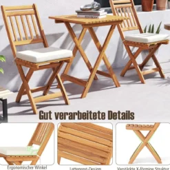 3tlg. Balkonmöbel Set Bistrotisch mit 2 Stühlen klappbares Balkonset aus Akazienholz mit 2 Kissen Cremeweiß (Vertikal)