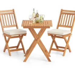 3tlg. Balkonmöbel Set Bistrotisch mit 2 Stühlen klappbares Balkonset aus Akazienholz mit 2 Kissen Cremeweiß (Vertikal)