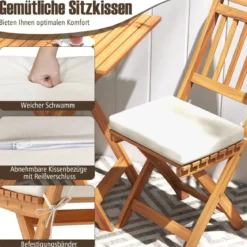 3tlg. Balkonmöbel Set Bistrotisch mit 2 Stühlen klappbares Balkonset aus Akazienholz mit 2 Kissen Cremeweiß (Vertikal)