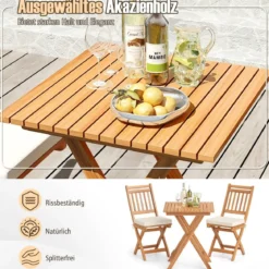 3tlg. Balkonmöbel Set Bistrotisch mit 2 Stühlen klappbares Balkonset aus Akazienholz mit 2 Kissen Cremeweiß (Vertikal)