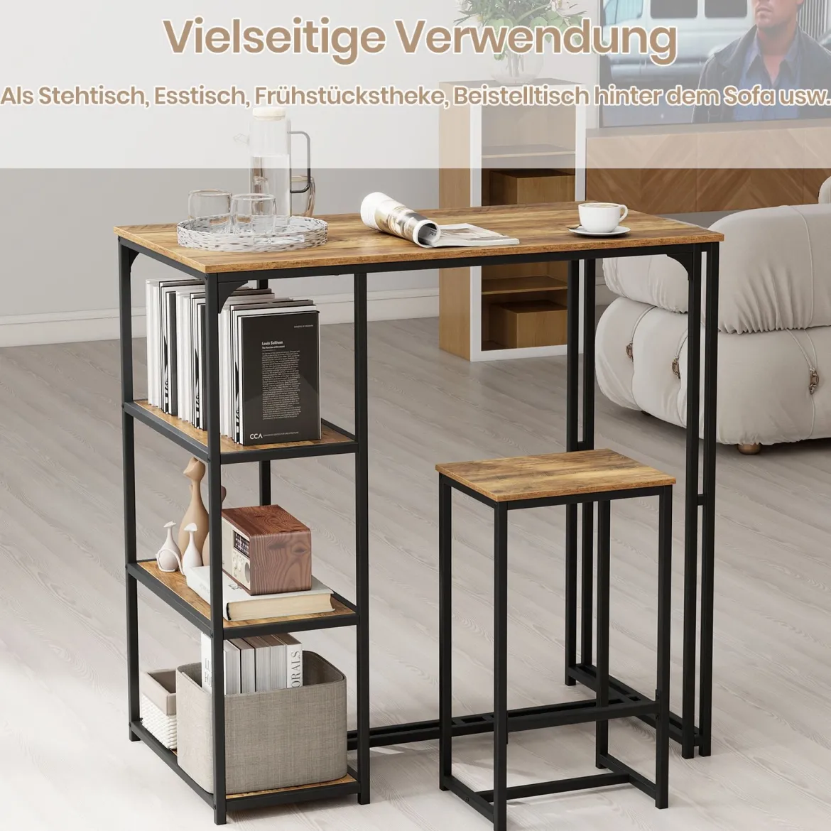 3 tlg. Bartisch Set für 2 Personen Bistrotisch mit 2 Barhockern Esstisch mit 3 Ablagefächer Küchentisch