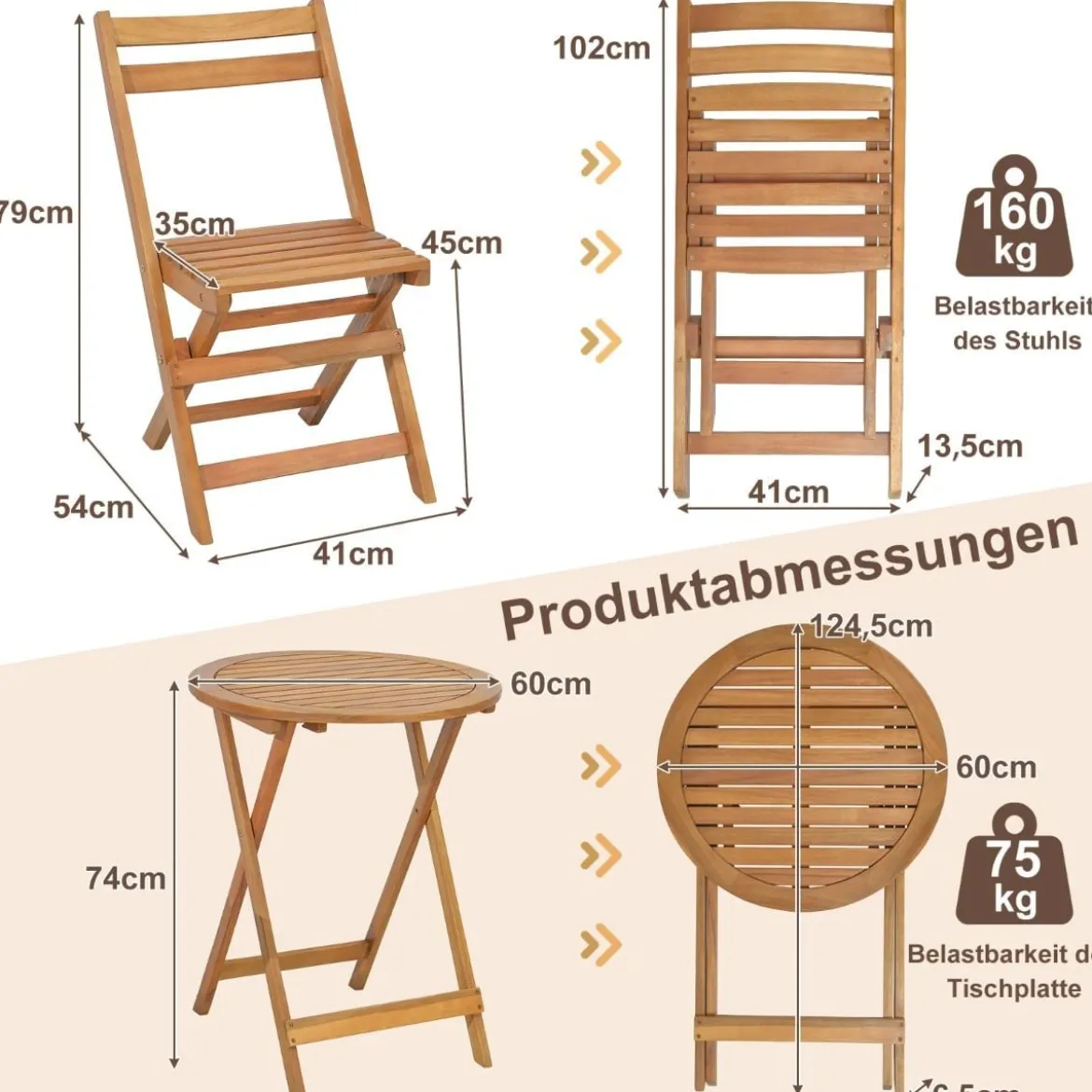 3tlg. Bistroset aus Holz mit Stabilem Akazienholzrahmen & Latten-Sitzfläche & Tischplatte
