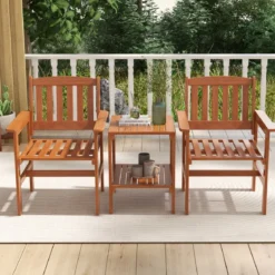 3-tlg Bistro-Set aus Holz mit 2 Stühlen & Tisch & Loch für Sonnenschirm Sitzgarnitur Sitzgruppe