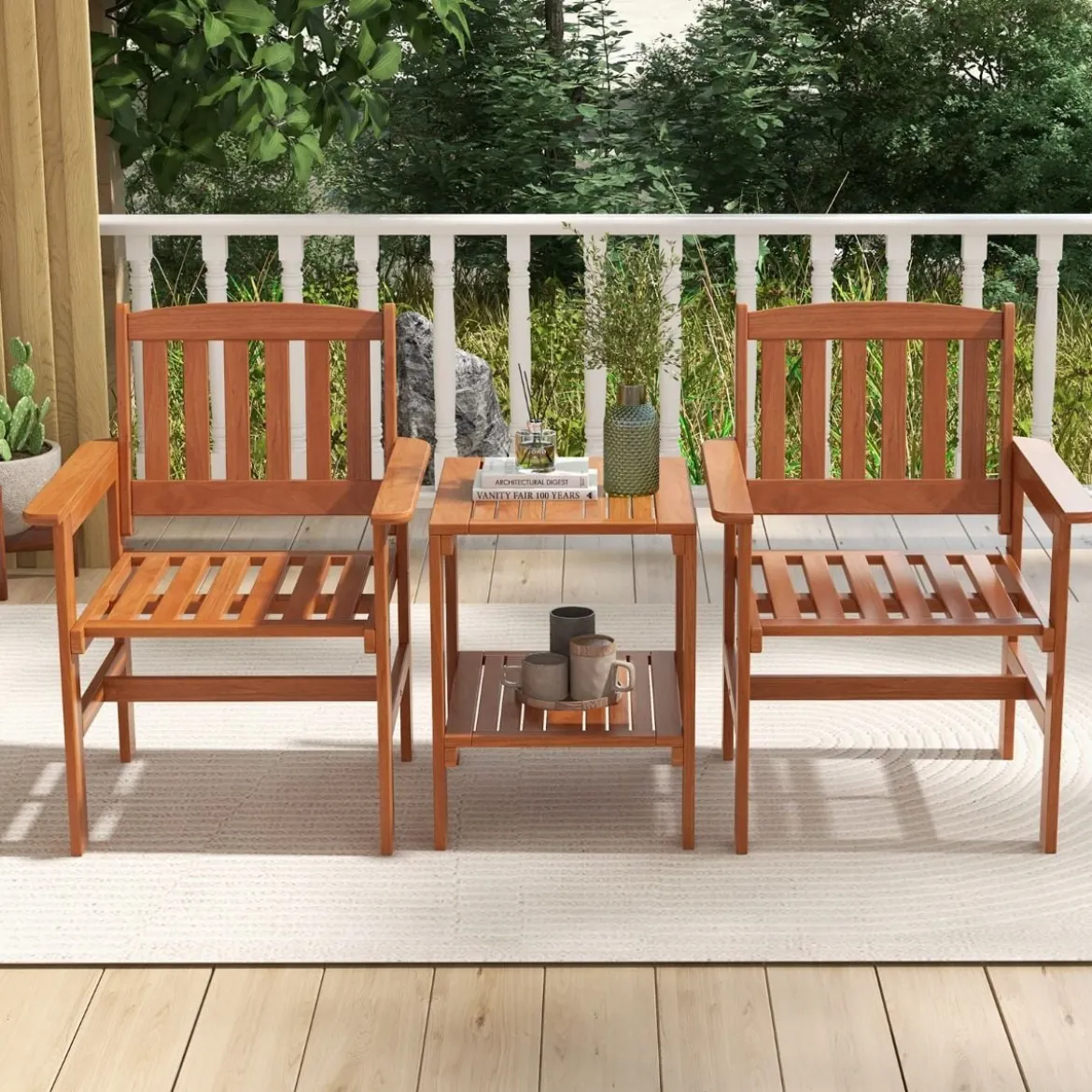 3-tlg Bistro-Set aus Holz mit 2 Stühlen & Tisch & Loch für Sonnenschirm Sitzgarnitur Sitzgruppe