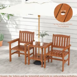 3-tlg Bistro-Set aus Holz mit 2 Stühlen & Tisch & Loch für Sonnenschirm Sitzgarnitur Sitzgruppe