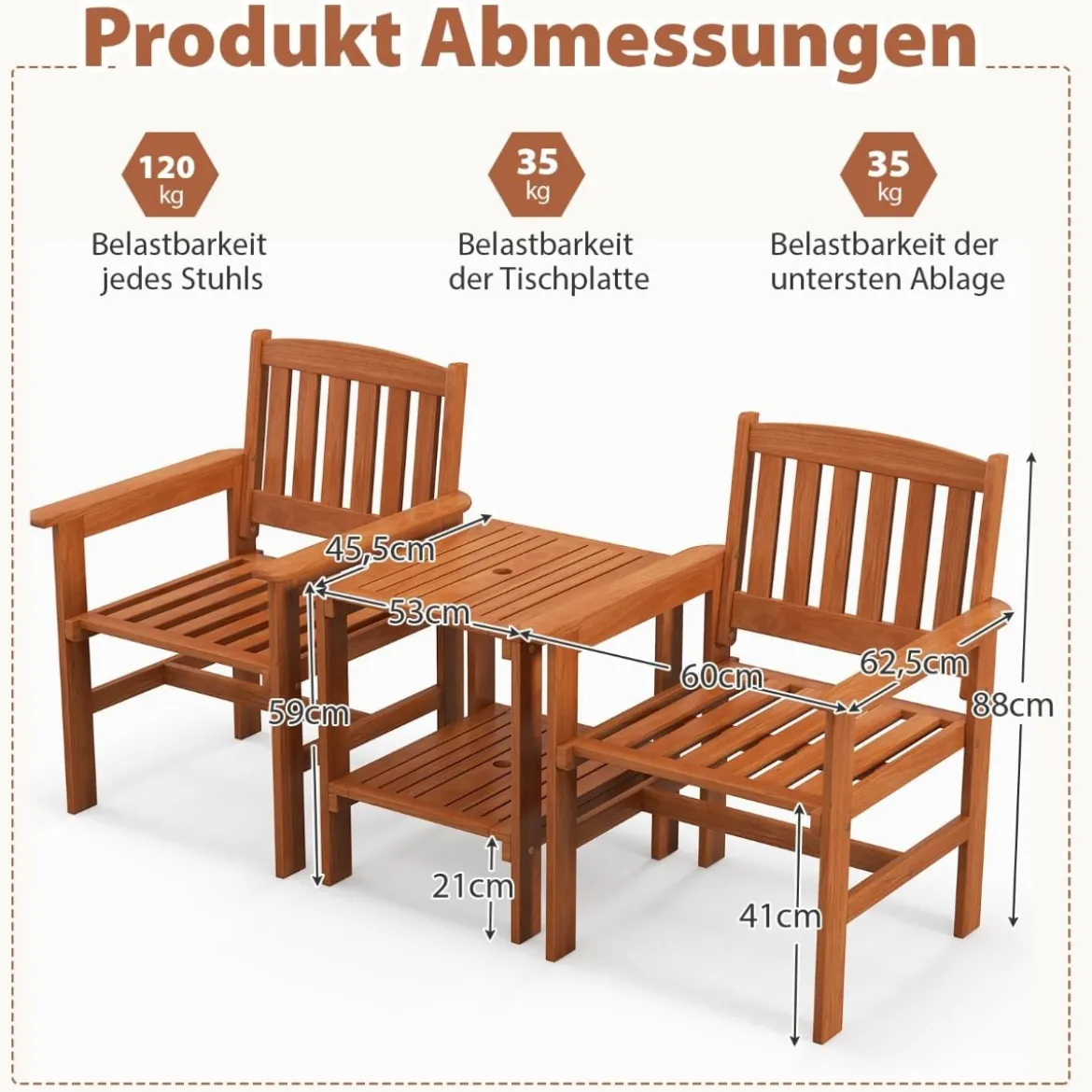 3-tlg Bistro-Set aus Holz mit 2 Stühlen & Tisch & Loch für Sonnenschirm Sitzgarnitur Sitzgruppe