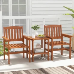 3-tlg Bistro-Set aus Holz mit 2 Stühlen & Tisch & Loch für Sonnenschirm Sitzgarnitur Sitzgruppe