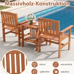3-tlg Bistro-Set aus Holz mit 2 Stühlen & Tisch & Loch für Sonnenschirm Sitzgarnitur Sitzgruppe