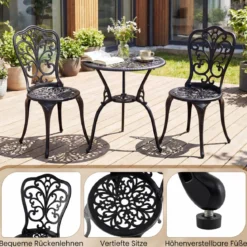 3 tlg. Bistroset inkl. Bistrotisch & 2 Stühle Gartengarnitur aus Aluminiumguss Sitzgruppe Balkonset