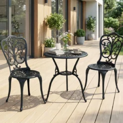 3 tlg. Bistroset inkl. Bistrotisch & 2 Stühle Gartengarnitur aus Aluminiumguss Sitzgruppe Balkonset
