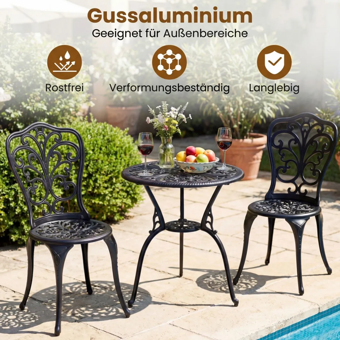3 tlg. Bistroset inkl. Bistrotisch & 2 Stühle Gartengarnitur aus Aluminiumguss Sitzgruppe Balkonset