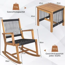 3tlg. Bistroset 2 Schaukelstühlen & Beistelltisch aus Akazienholz Balkonset Sitzgarnitur