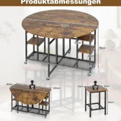 3 TLG. Essgruppe Klappbarer Küchentisch mit 2 Hocker & Weinregal & Ablagen Esszimmergruppe